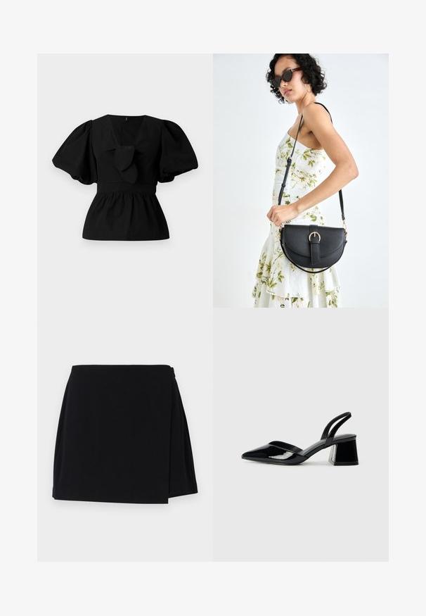 Blusa de algodão preta com decote em V, mangas bufantes e um detalhe atado na cintura. O corpete é pregueado para criar uma forma de peplum.; Saia envolvente preta com uma textura suave e um design fluido. A saia tem um comprimento curto e uma abertura lateral para facilitar os movimentos.; Sandy em verniz preto com salto slingback, ponta afilada e salto geométrico. Apresenta um design elegante e minimalista com textura suave.; Bolsa de couro preta com forma curva, alça destacável e detalhes em dourado. A bolsa possui uma aba com detalhe de fivela.