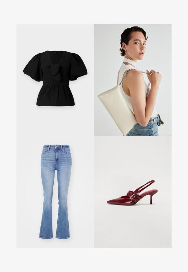 Bluză neagră din bumbac cu decolteu în V, mâneci tip puff și accent cu funda în talie. Bustul este adunat pentru un aspect peplum.; Jeans evazați de culoare albastru deschis, din denim, cu talie înaltă, design cu cinci buzunare și o textură netedă cu decolorări subtile.; Pantofi cu toc slingback din piele roșie lacuită, cu vârf ascutit, două curele cu cataramă și un toc subțire, de înălțime medie. Textură netedă.; Geantă de clutch rectangulară albă, realizată dintr-un material lucios, având o curea de lanț argintie. Modelul pozează, evidențiind geanta pe un fundal simplu.
