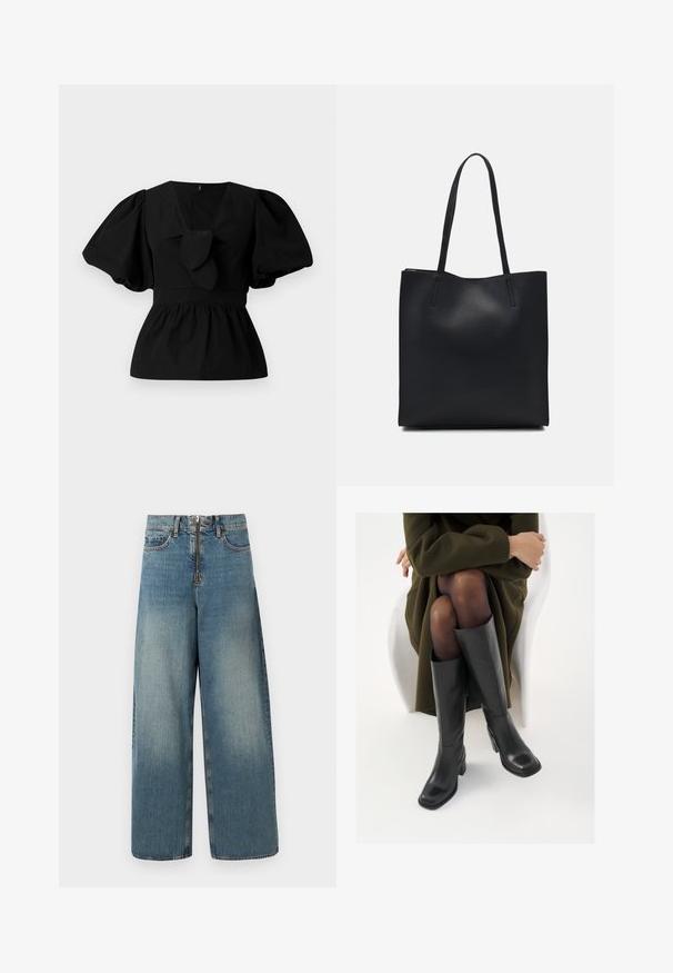 Melnas kokvilnas blūze ar V-veida kakla izgriezumu, puffam līdzīgām piedurknēm un saites akcentu viduklī. Krūšu daļa ir savākta, veidojot pepluma siluetu.; Platas kājas džinsi gaisā zilo krāsā. Iespējo jostas vieta ar rāvējslēdzēju un pogu, kā arī viegla izbalēšana nodrošina nolietotu izskatu.; Ceļgalu augstuma melni ādas zābaki ar kvadrātu purngalu un bloku papēdi, attēloti modelī, kurš sēž olīvu zaļā mētelī. Gluda tekstūra, minimāla apdare.; Melnas ādas somiņa ar gludu tekstūru, taisnstūra formu un divām garām rokturiem. Nav redzamu aparatūras vai rotājumu.