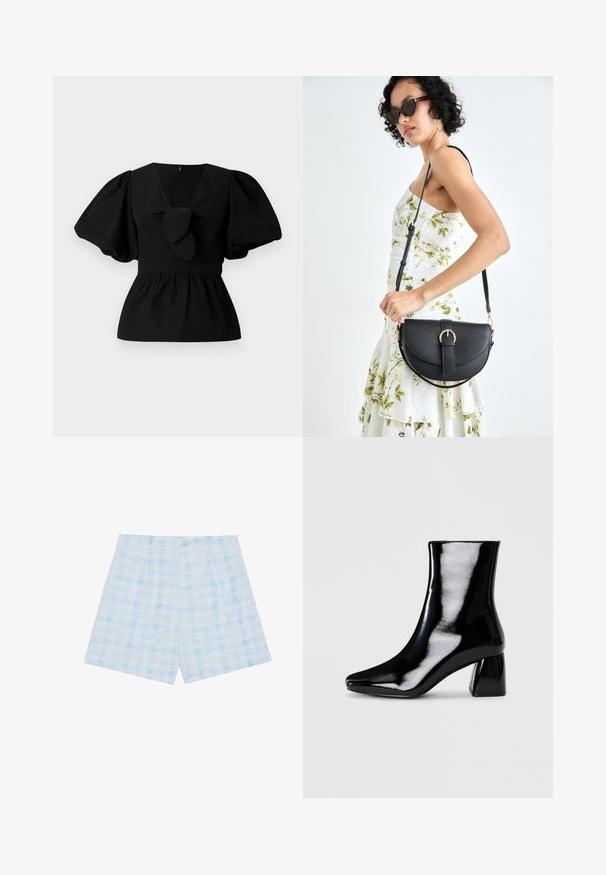 Black cotton blouse featuring a V-neck, puff sleeves, and a tie accent at the waist. The bodice is gathered for a peplum shape.; Light blue plaid shorts made of textured fabric, featuring a loose fit and pleats for added detail.; Black patent ankle boot with a pointed toe and a square block heel. Smooth texture with a high-shine finish, featuring no visible embellishments.; Black leather handbag with a curved shape, detachable strap, and gold hardware. The bag features a flap with a buckle detail.
