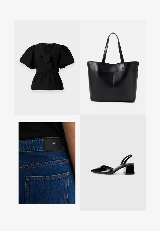 Svart bomullsblus med V-hals, puffärmar och en knytaccent i midjan. Bodyn är skrynklad för en peplumform.; Blå denimjeans med en svart läderetikett med präglad logotyp. Söm i orange, med en klassisk fem-fickorsdesign.; Svarta lackläder slingback klackar med spetsig tå och geometrisk klack. Har en elegant, minimalistisk design och slät yta.; Svart läder tote-väska med två långa handtag, en slät yta och en strukturerad form. Har en framficka för extra förvaring.