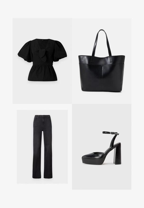 Melnas kokvilnas blūze ar V-veida kakla izgriezumu, puffam līdzīgām piedurknēm un saites akcentu viduklī. Krūšu daļa ir savākta, veidojot pepluma siluetu.; Melnas džinsu auduma taisna piegriezuma bikses ar augstu vidukli, piecu kabatu dizainu un redzamu diegu šuvēm. Gluda tekstūra ar nedaudz izbalējušu apdari.; Melnas platformas papēžs ar norādītu purngala formu un regulējamu potītes siksniņu. Izgatavotas no gludas ādas, ar masīvu bloku papēdi.; Melnas ādas iepirkumu soma ar divām garām rokturām, gludu tekstūru un strukturētu formu. Iekļauj priekšējo kabatu papildu uzglabāšanai.