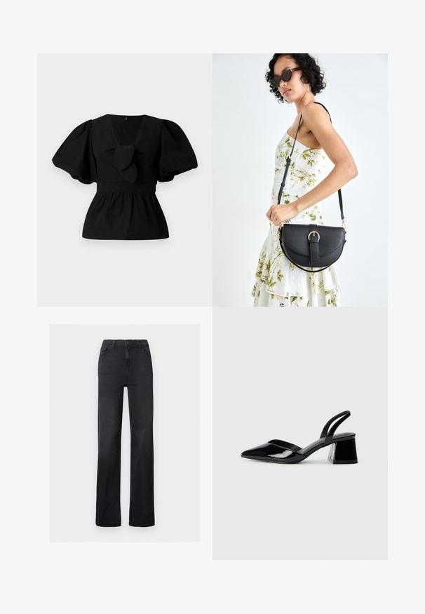 Fekete pamut blúz V nyakkivágással, puffos ujjakkal és derékon megkötős díszítéssel. A felső rész ráncolt a peplum forma érdekében.; Fekete farmer egyenes szárú nadrág magas derékkal, öt zsebes kialakítással és látható varrással. Simább textúra, enyhén megkopott hatással.; Fekete lakk bőr szandálkés magas sarkú cipő, hegyes orral és geometrikus tömbsarkakkal. Karcsú, minimalista dizájn és sima textúra jellemzi.; Fekete bőrtáska ívelt formával, levehető pánttal és arany színű fémrészekkel. A táskán egy csattal díszített fedél található.