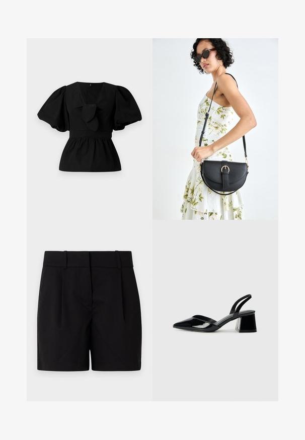 Melnas kokvilnas blūze ar V-veida kakla izgriezumu, puffam līdzīgām piedurknēm un saites akcentu viduklī. Krūšu daļa ir savākta, veidojot pepluma siluetu.; Melni pielāgoti šorti ar plakanu priekšpusi, diviem krokiem, vidukļa daļu ar jostām un taisnu apakšmalu. Izgatavoti no gludas auduma.; Melna lakota āda ar atvērto papēdi, ar smailu purngalu un ģeometrisku blokpapēdi. Iezīmējas elegants, minimāls dizains un gluda tekstūra.; Melnas ādas rokassoma ar izliekta formu, noņemamu siksnu un zelta aksesuāriem. Somai ir vāciņš ar sprādzes detaļu.