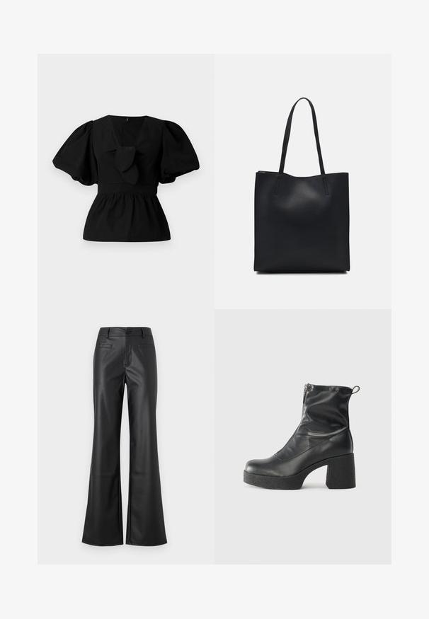 Μαύρη βαμβακερή μπλούζα με V-λαιμόκοψη, φουσκωτά μανίκια και κορδόνι στη μέση. Το μπούστο είναι ραμμένο για να έχει σχήμα πέπλου.; Μαύρο δερμάτινο παντελόνι με καμπάνα, με λεία υφή, διαθέτει κλείσιμο μπροστά με κουμπί και δύο πίσω τσέπες. Κλασικός σχεδιασμός με σύγχρονη εφαρμογή.; Μαύρες μποτές μέχρι τον αστράγαλο από λείο δέρμα, με πλευρικό φερμουάρ, χοντρό υφασμάτινο τακούνι και στρογγυλή μύτη.; Μαύρη δερμάτινη τσάντα tote με λείο υφή, ορθογώνιο σχήμα και δύο μακριές λαβές. Χωρίς ορατό υλικό ή διακοσμητικά στοιχεία.