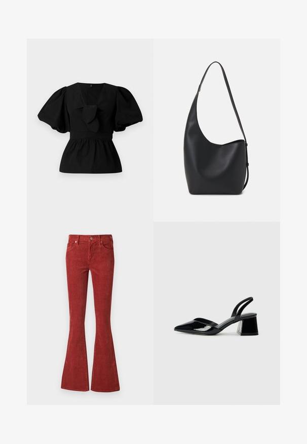 Must mustritud musta puuvillane pluus, millel on V-kaelus, puffvarrukad ja sõlmeaksent vööl. Bodice on kogutud, et luua peplumi kuju.; Karmiinpunased corduroy flared teksad omavad kõrget vöökohta, ette kinnitatavat nööpi ning kahte taskut. Kanga pinnal on tekstuurne viimistlus koos vertikaalsete triipudega.; Mustad musta lakknahk kingad, millel on terav varvas ja geomeetriline plokkkonts. Omab elegantselt minimalistlikku disaini ja sujuvat tekstuuri.; Mustast nahast hobo kott, millel on sile tekstuur, kumer kuju ja üks reguleeritav rihm; peal on lai avaus.