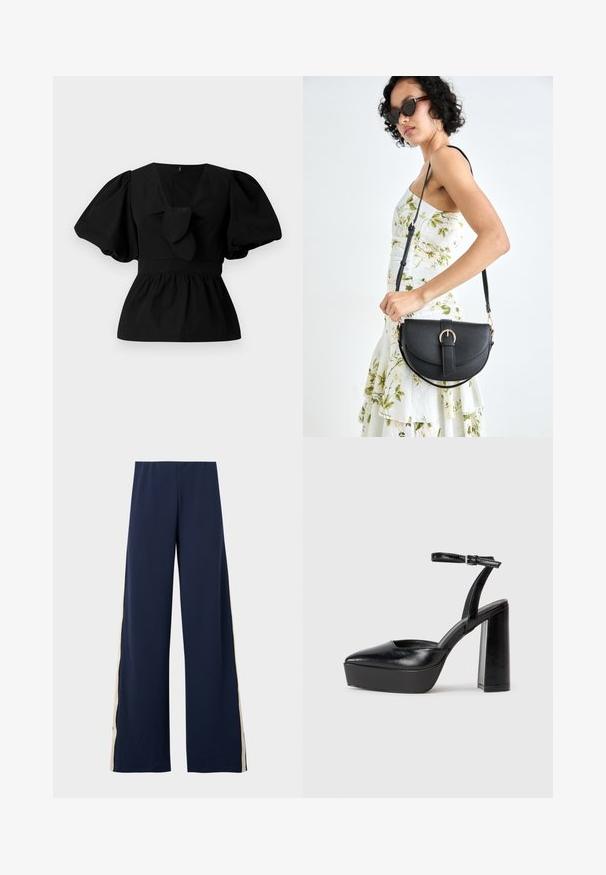 Črna bombažna bluzica z V-izrezom, nabranimi rokavi in veznim poudarkom v pasu. Bodice je nabrana za peplumski kroj.; Mornarske široke hlače narejene iz mehkega blaga, s bež stransko črto. Pas je elastičen za udobje in enostavno oblačenje.; Črne platforme z visokimi petami in koničastim nosom ter nastavljivim gležnjenjskim trakom. Narejene iz gladke usnje, s kockasto peto.; Črna usnjena torbica s ukrivljeno obliko, z odstranljivo naramnico in zlatimi dodatki. Torbica ima pokrov s podrobnostmi v obliki zaponke.