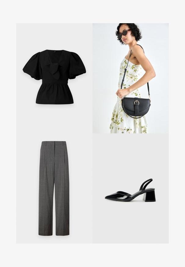 Black cotton blouse featuring a V-neck, puff sleeves, and a tie accent at the waist. The bodice is gathered for a peplum shape.; Vero Moda VMSIKITA WIDE DAD PANT - Trousers - medium grey/black; Black patent leather slingback heels with a pointed toe and a geometric block heel. Features a sleek, minimal design and smooth texture.; Black leather handbag with a curved shape, detachable strap, and gold hardware. The bag features a flap with a buckle detail.