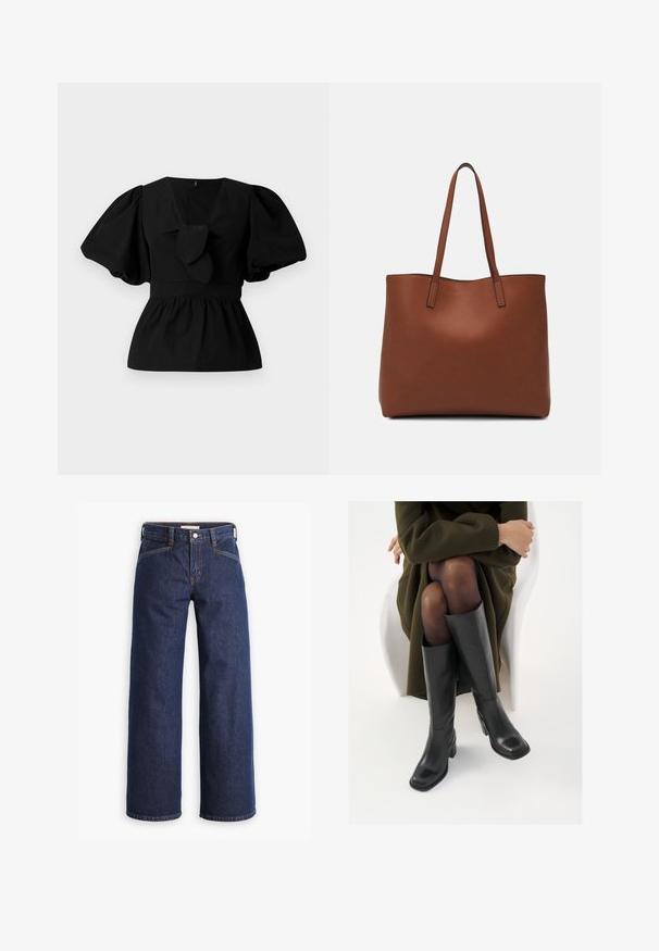 Melnas kokvilnas blūze ar V-veida kakla izgriezumu, puffam līdzīgām piedurknēm un saites akcentu viduklī. Krūšu daļa ir savākta, veidojot pepluma siluetu.; Tumši zila denima džinsi ar augstu vidukli, plašu kāju griezumu un smalku oranžu diegu. Iekļauta priekšēja pogu un rāvējslēdzēja aizdare.; Ceļgalu augstuma melni ādas zābaki ar kvadrātu purngalu un bloku papēdi, attēloti modelī, kurš sēž olīvu zaļā mētelī. Gluda tekstūra, minimāla apdare.; Brūna ādas iepirkumu soma ar gludu tekstūru, atvērta augšdaļa un divas plecu siksnas. Izceļas ar minimālām šuvēm un redzamu aparatūru nav.