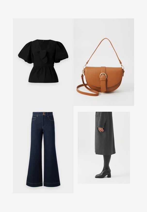 Blusa de algodão preta com decote em V, mangas bufantes e um detalhe atado na cintura. O corpete é pregueado para criar uma forma de peplum.; Jeans de ganga azul escuro com um amplo flare, cintura alta, bolsos frontais e costura dourada em contraste. Apresenta um fecho de botão duplo.; Casaco cinza, ajustado, com corte reto; combinado com botas de couro pretas até ao joelho, com biqueira quadrada e salto grosso.; Bolsa transversal de couro castanho com um formato curvado, ferragens douradas e um detalhe de fivela. Inclui uma alça de ombro destacável.