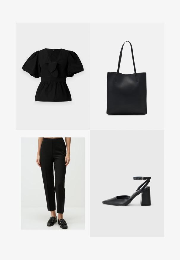 Czarna bawełniana bluzka z dekoltem w kształcie litery V, bufiastymi rękawami oraz akcentem w postaci wiązania w pasie. Górna część jest marszczona, co nadaje jej kształt peplum.; Czarne spodnie o dopasowanym kroju, gładkiej fakturze, wysokim stanie, prostych nogawkach i subtelnych detalach w postaci załamań, zestawione z czarnymi loafersami.; Czarne skórzane czółenka z ostrym noskiem, z paskiem na kostce i grubym obcasem. Gładka faktura, elegancki design i minimalistyczna estetyka.; Czarna skórzana torba tote o gładkiej fakturze, prostokątnym kształcie i dwóch długich uchwytach. Brak widocznych elementów metalowych i ozdób.