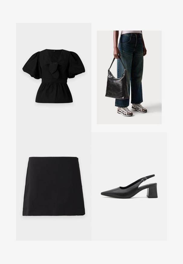 Black cotton blouse featuring a V-neck, puff sleeves, and a tie accent at the waist. The bodice is gathered for a peplum shape.; Black, straight-cut mini skirt with a smooth texture, displayed flat against a white background.; Black leather slingback heeled shoe with a pointed toe and a chunky block heel. Features an adjustable strap with a metal buckle.; Black leather shoulder bag with a smooth texture and adjustable strap, paired with faded wide-leg jeans and athletic sneakers.