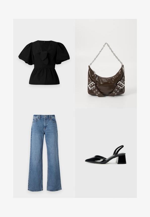 Juoda medvilninė bliuska su V formos iškirpte, pūstomis rankovėmis ir juosmens raiščiu. Viršutinė dalis suglebusi, sukurianti peplumo formą.; Šviesiai mėlynos plačios kelnės iš džinsinio audinio, su aukštu liemeniu, diržų kilpos ir sagčių užsegimu. Baigimo detalės apima siuvinėjimą ir apdailą.; Juodos lakuotos odinės šlepetės su smailiu pirštu ir geometriniu bloko kulnu. Turi elegantišką, minimalistinį dizainą ir lygų paviršių.; Tamsiai rudos spalvos patentuotos odos rankinė su sidabriniu grandininiu dirželiu, dekoratyviniais dvigubais sagtimis ir užtrauktuku.