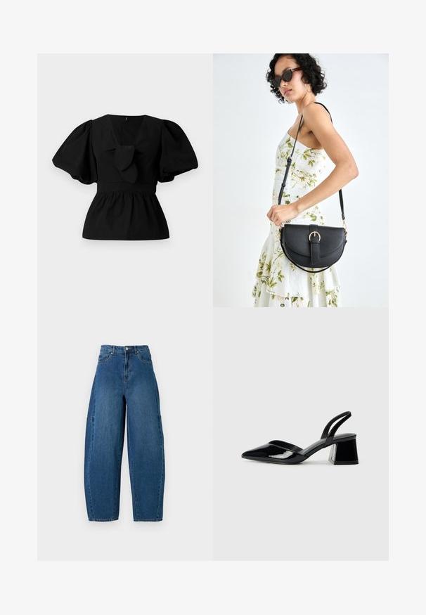 Blusa de algodón negra con escote en V, mangas abullonadas y un lazo en la cintura. El pecho está fruncido para dar forma de peplum.; Jeans de denim en un lavado azul medio, con una cintura alta, corte de pierna ancha y diseño estándar de cinco bolsillos con detalles de costura visibles.; Zapatos de tacón slingback de charol negro con punta afilada y tacón geométrico en bloque. Presentan un diseño elegante y minimalista, así como una textura suave.; Bolso de piel negra con forma curva, correa desmontable y herrajes dorados. El bolso cuenta con una solapa con un detalle de hebilla.