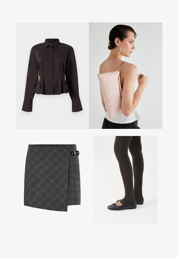 Svart långärmad blus för kvinnor med spetsig krage, dolda framknappar, figurnära midja och utsvängd nederkant och ärmkant.; Mörkgrå rutmönstrad ullwrapkjol med svart spänne på höger sida, rak fåll och subtilt diagonalt mönster.; Svarta platta skor med en liten rosett vid tån, i kombination med mörkbruna ribbade strumpbyxor. Skorna har en slät yta och låg profil.; Rosa läderväska med rektangulär form, silverkedjesnor och slät yta, använd på ryggen. Enkelt utseende utan synliga mönster.
