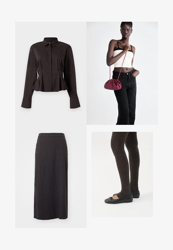 Juoda ilgarankovė moterų bliuska su smailiu apykakle, paslėptais priekinių mygtukų užsegimais, prigludusia juosmens dalimi ir plačia apačia bei rankovėmis.; Juodas juostuotas midi sijonas su tiesia siluetu, pasižymintis glotnia tekstūra ir juostos detalėmis viršuje. Šone yra plyšio detalė.; Juodos plokščios bateliai su maža kaspinėlio detale prie pirštų, derinami su tamsiai rudos spalvos raukšlėtomis pėdkelnėmis. Bateliai turi lygų paviršių ir žemą profilį.; Bordo minkštas audinys rankinukas su susiraukšlėjimu ir ilgu dirželiu, dėvimas per kūną. Modelis vilki baltą trumpą palaidinę ir juodas džinsus.