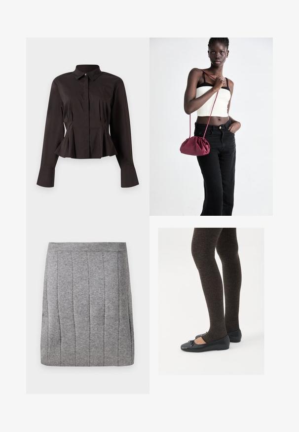 Black long-sleeve women's blouse with a pointed collar, hidden front buttons, fitted waist, and flared hem and cuffs.; Object OBJTHESS - Mini skirt - medium grey; Black flat shoes with a small bow detail at the toe, paired with dark brown ribbed tights. Shoes have a smooth texture and low profile.; Burgundy soft fabric handbag with a gathered design and a long strap, worn crossbody. Model wears a white crop top and black jeans.