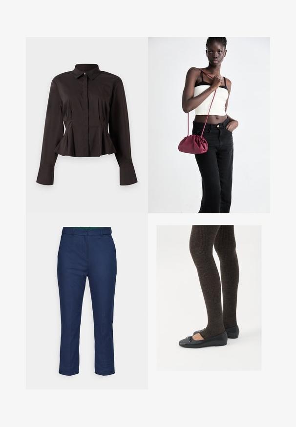 Blusa preta de mangas compridas para mulheres, com gola pontiaguda, botões frontais ocultos, cintura ajustada e bainha e punhos em formato evasê.; Calças azuis escuras de perna reta com passantes para cinto e fecho frontal oculto, exibidas contra um fundo branco.; Sapatos planos pretos com um pequeno laço na ponta, emparelhados com meias-calças caneladas castanhas escuras. Os sapatos têm uma textura suave e um design discretamente baixo.; Bolsa de tecido suave em borgonha com um design franzido e uma alça longa, usada à transversal. Modelo veste um top cropped branco e jeans pretos.