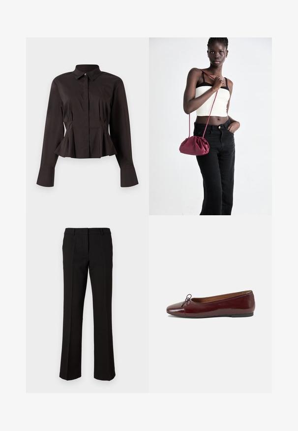 Svart langermet bluse for kvinner med spiss krage, skjulte frontknapper, tilpasset midje og utsvinget fald og mansjetter.; Sorte bukser med rett ben-design, laget av glatt stoff, med flat front, beltehemper og uten synlige lommer.; Burgunderrød lakk lær ballettleilighet med rund tå, liten sløyfe foran og en lav, svart gummisåle. Glatt tekstur.; Burgunderfarget myk stoffhåndveske med en samlet design og en lang stropp, båret som en crossover. Modellen har på seg en hvit crop-top og svarte jeans.