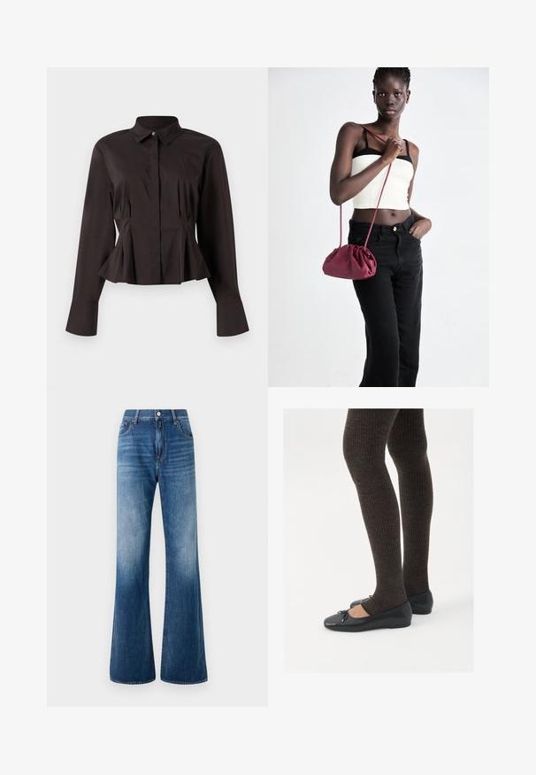 Must mustriga naiste pluus, millel on terav krae, peidetud eesnupud, väljakujunenud vöökoht ja laienev äär ning varrukad.; Laiendatud sinised denimpüksid pleekinud pesuga, viie-tasku disain, vööloopide ja ees oleva nööbi sulgemisega. Sile tekstuur ja klassikaline lõige.; Mustad mustad kingad väikese teksaga varvaste juures, koos tumedate pruunide ribakangastega. Kingadel on sile tekstuur ja madal profiil.; Burgundia pehmeast kangast käekott, millel on kokkuvõetud disain ja pikk rihm, kantud üle keha. Mudel kannab valget crop-topi ja musti teksaseid.