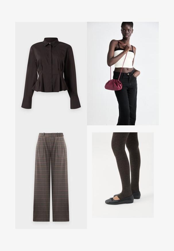 Svart långärmad blus för kvinnor med spetsig krage, dolda framknappar, figurnära midja och utsvängd nederkant och ärmkant.; Rutiga byxor med vida ben, som har veck, hög midja och en blandning av bruna, svarta och ljusblå färger.; Svarta platta skor med en liten rosett vid tån, i kombination med mörkbruna ribbade strumpbyxor. Skorna har en slät yta och låg profil.; Burgundy mjukt tyg handväska med en samlad design och en lång rem, bärs över kroppen. Modellen bär en vit crop top och svarta jeans.