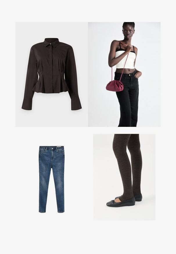 Must mustriga naiste pluus, millel on terav krae, peidetud eesnupud, väljakujunenud vöökoht ja laienev äär ning varrukad.; Tumedate sinine denim skinny teksad keskmise taljepiirdega, viie tasku ja peene vicega. Omab nupukinnitust ja lukkuga sulgemist.; Mustad mustad kingad väikese teksaga varvaste juures, koos tumedate pruunide ribakangastega. Kingadel on sile tekstuur ja madal profiil.; Burgundia pehmeast kangast käekott, millel on kokkuvõetud disain ja pikk rihm, kantud üle keha. Mudel kannab valget crop-topi ja musti teksaseid.