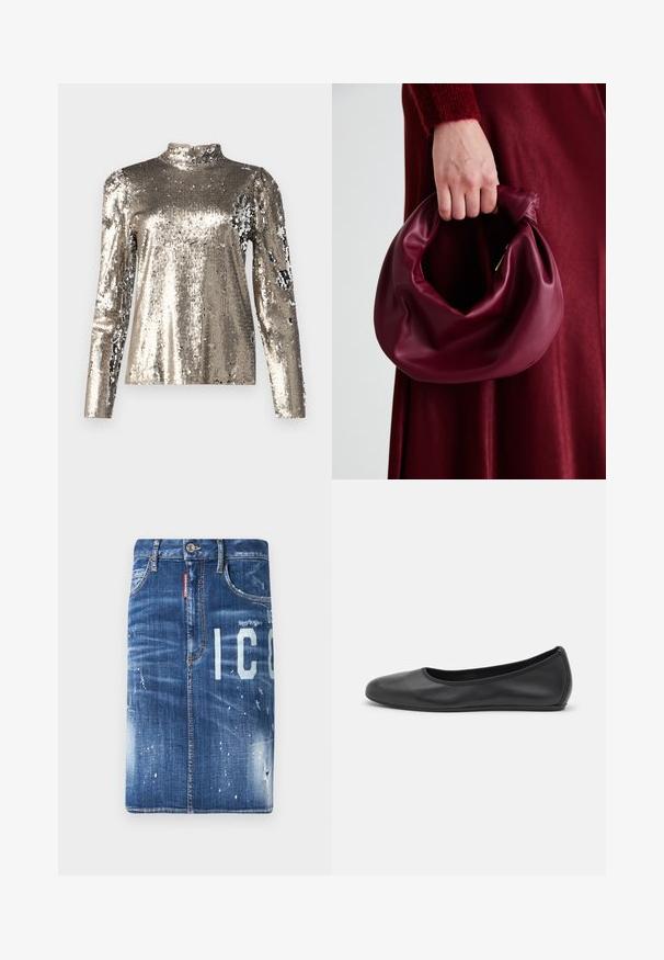 Langærmet, højhalset top dækket af sølvfarvede paljetter. Har en glat tekstur med en tætsiddende silhuet og puffede skulderdesigndetaljer.; Mørkeblå denimnederdel med slidte detaljer, lyse blegede pletter og trykte bogstaver. Har standard talje og lynlås lukning.; Sort læderballetsko med rund tå, glat tekstur, minimal syning og et fleksibelt såldesign.; Bordeaux læderhåndtaske med et blødt, samlet design og en rund form. Håndtaget er sikret og viser en glat tekstur.