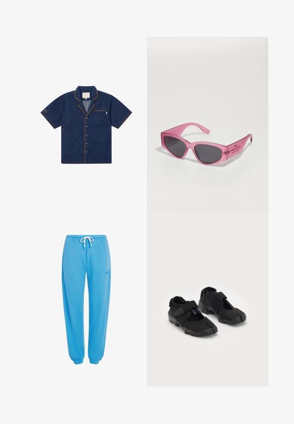 Krūštura ar īsām piedurknēm tumši zila džinsa audumā ar krūškurvja kabatu, kontrastējošām oranžām šuvēm un klasisku apkakli. Iekļauj poga aizdari.; Zilās sporta bikses, kas izgatavotas no mīksta auduma, ar elastīgu jostasvietu un regulējamu auklu, kā arī elastīgām aprocēm pie potītēm.; Melnas ūdens kurpes, izgatavotas no elastīga auduma, ar Velcro siksnu, piedāvājot unikālu šķeltā pirksta dizainu un teksturētu gumijas zoli labākai saķerei.; Rozā caurspīdīgas saulesbrilles ar stūrainu kaķa acs formu, tumši tonētiem objektīviem un iegravētu tekstu uz tempļa "SAULESBRILLES".; Zila kvadrātveida džinsu plecu soma ar zelta ķēdes siksnu un izteiksmīgu zelta logotipa akcentu priekšpusē. Kompakta taisnstūra forma.