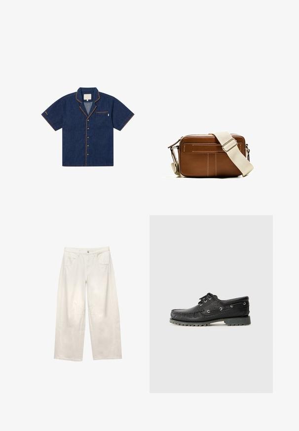 Tummansininen lyhythihainen farkkupaita rintataskulla, erkkerivärisillä oransseilla ompeleilla ja klassisella kauluksella. Varustettu napituksella.; Valkoiset leveälahkeiset farkut korkealla vyötäröllä, etutaskuilla ja näkyvillä saumoilla. Kangas on sileä ja rakenteeltaan jämäkkä.; Musta teksturoitu nauhakenkä pyöreällä varvalla, metalliset nauhakuopat ja kestävä harmaa kumipohja. Yläsosassa on kudottu kuvio.; Ruskea nahkainen olkalaukku, jossa on valkoiset ompeleet, suorakaiteen muotoinen, vetoketj closures ja beige säädettävä hihna. Sisältää kaksi etutaskua.