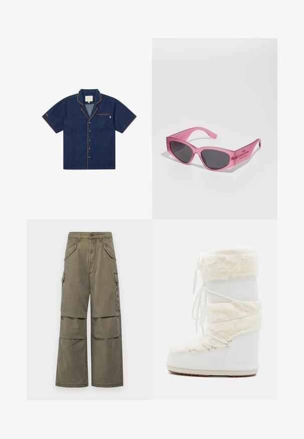 Krūštura ar īsām piedurknēm tumši zila džinsa audumā ar krūškurvja kabatu, kontrastējošām oranžām šuvēm un klasisku apkakli. Iekļauj poga aizdari.; Kaki kravas bikses no kokvilnas ar plašu kāju stilu, vairākām kabatām un izšuvumiem. Piemērotas ikdienas valkāšanai.; Balti mēness zābaki ar mākslīgo kažoku augšdaļā, auklu priekšpusē un gumijas zoli. Strukturēta apdare un ieembosēts logo sānos. Masīva, polsterēta konstrukcija.; Rozā caurspīdīgas saulesbrilles ar stūrainu kaķa acs formu, tumši tonētiem objektīviem un iegravētu tekstu uz tempļa "SAULESBRILLES".