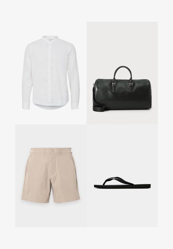 Cămașă albă cu mânecă lungă, guler mandarin, închidere cu butoane și un hem ușor curbat. Fabricată dintr-un material de in ușor.; Șorturi bej fabricat dintr-un material ușor, având patru buzunare și închidere cu nasture, cu o textură netedă și un design drept.; Sandala flip-flop din cauciuc negru, cu un bretele texturat și o talpă simplă și plată, prezentată din lateral pe un fundal simplu și deschis.; Geantă de voiaj din piele neagră cu mânere duble, accesorii din metal argintiu și o curea de umăr ajustabilă. Textură netedă cu închidere prin fermoar.