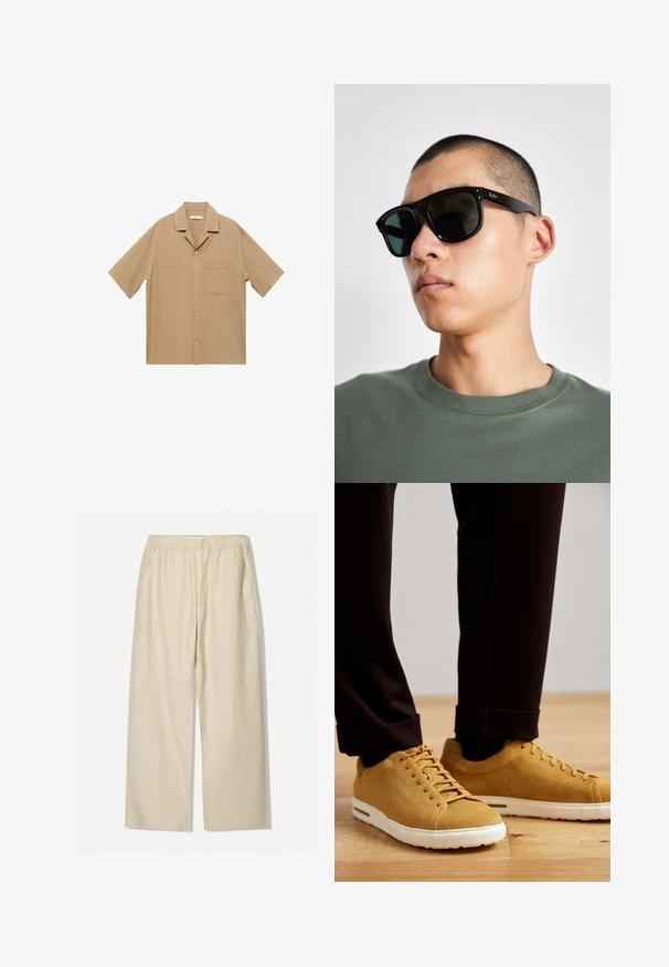 Koszula z krótkim rękawem zapinana na guziki, wykonana z jasnobrązowej tkaniny, z wysmuklonym kołnierzykiem, jedną kieszonką na piersi oraz gładką strukturą.; Beżowe lniane spodnie z szerokimi nogawkami, z elastycznym paskiem w talii i bocznymi kieszeniami. Materiał ma teksturowane, naturalne wykończenie.; Żółte tenisówki z prążkowanej tkaniny z białymi podeszwami, z okrągłym czubkiem, sznurowanym zapięciem i teksturowaną powierzchnią, noszone z czarnymi spodniami z mankietami na drewnianej podłodze.; Czarne prostokątne okulary przeciwsłoneczne z ciemnymi szkłami, o charakterystycznym kształcie i logo na zauszniku. Noszone przez osobę w zielonej koszuli.