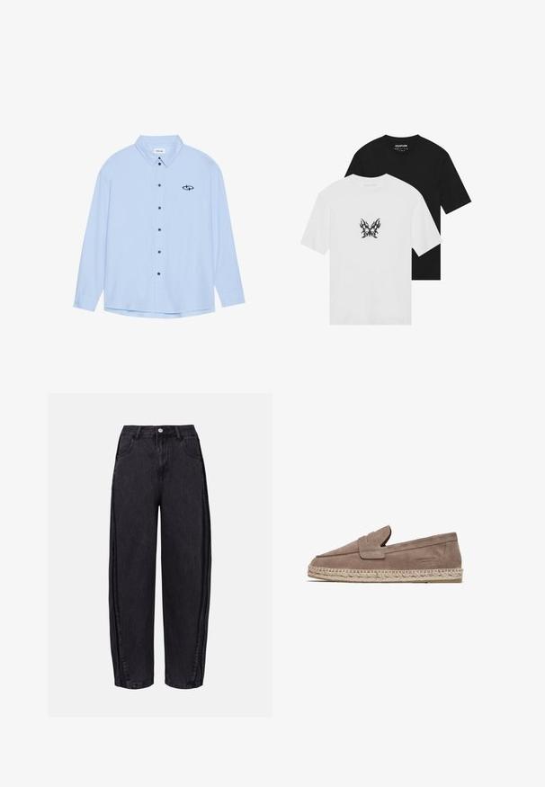 Light blue button-up shirt made of smooth fabric. Features a collar, long sleeves, black buttons, and a small black logo on the left chest.; Short-sleeve t-shirts in black and white, featuring a flame-patterned butterfly graphic on the front of the white shirt. Cotton material.; Black wide-leg jeans made of denim with a smooth texture. Features a high waist, front pockets, and button closure at the waistband.; FRED MARTIN COLLECTION MARBELLA - Espadrilles - taupe suede