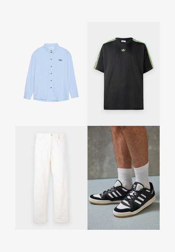 Chemise bleu clair à manches longues en tissu lisse. Elle présente un col, des manches longues, des boutons noirs et un petit logo noir sur la poitrine gauche.; T-shirt noir en tissu lisse avec un col rond, présentant trois bandes vertes sur les épaules et un petit logo vert sur la poitrine.; Jean en denim blanc avec une coupe droite, comportant des poches avant, une fermeture à bouton en métal et des détails de couture classique.; Baskets noir et blanc avec une tige en suède et cuir, comportant trois rayures blanches, un bout perforé et une semelle en caoutchouc gum.