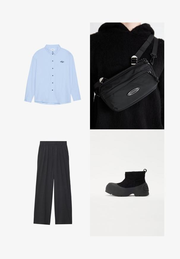Camisa abotonada azul claro hecha de una tela suave. Presenta un cuello, mangas largas, botones negros y un pequeño logotipo negro en el lado izquierdo del pecho.; Pantalones de pierna ancha hechos de tela gris oscura. Cuenta con pliegues en la cintura, un diseño a medida y una silueta recta.; Botines negros con parte superior texturizada y parte delantera de goma. Presentan una suela gruesa y un lazo para facilitar su uso. Diseño sencillo con acabado mate.; Bolso bandolera negro de nailon con correa ajustable, que presenta una textura suave, un bolsillo frontal con cremallera y un acento de logo.
