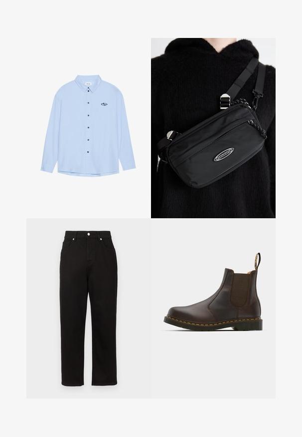 Hele sinine nööbid-särk, mis on valmistatud siledast kangast. Omab kraed, pikki varrukaid, musti nööpe ja väikest musta logo vasakul rindkere piirkonnas.; Mustad denim püksid otse lõikega, kõrge vöökohaga, esikülgsete taskutega ja hõbedase riistvaraga vööl.; Pruun nahkne Chelsea saabas elastsete külgpaneelide, tekstureeritud kontsaga ja kontrastse kollase tikandiga. Omab tõmbeasendit, mis võimaldab mugavat selga panemist.; Musthave musta nailonkott rihmaga, millel on reguleeritav rihm, siledapinnaline tekstuur, eespool tõmblukuga tasku ja logo aktsent.