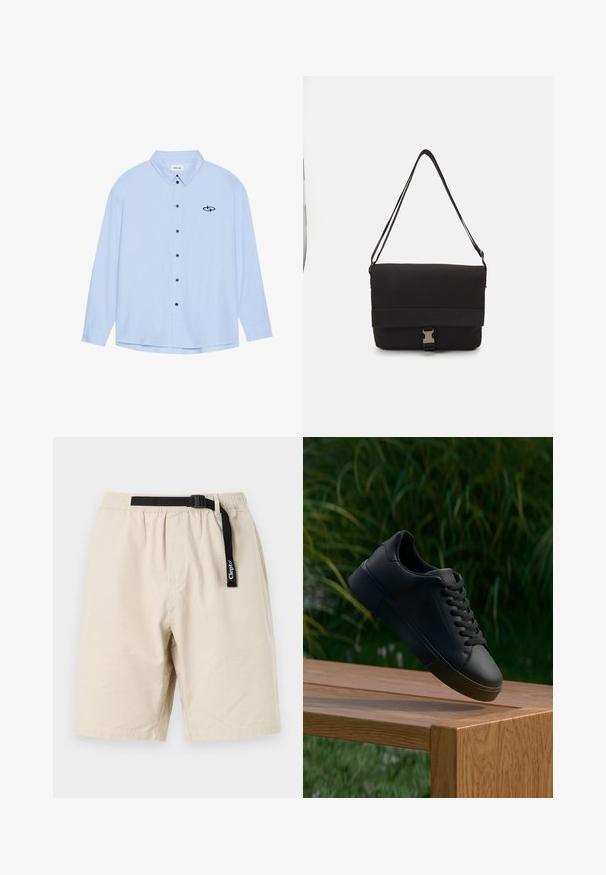 Lyseblå skjorte med knapper lavet af glat stof. Den har krave, lange ærmer, sorte knapper og et lille sort logo på venstre bryst.; Beige shorts med elastisk talje og sort justerbart bælte. Lavet af letvægtsstof, med et enkelt design og lige snit.; Sort læder sneakers med snøre ser ud til at svæve over en træbænk, med grønt græs og planter i den slørede baggrund.; Sort messenger taske lavet af glat materiale, med en fold-over klap, sølvfarvet lukning og et justerbart skulderrem.
