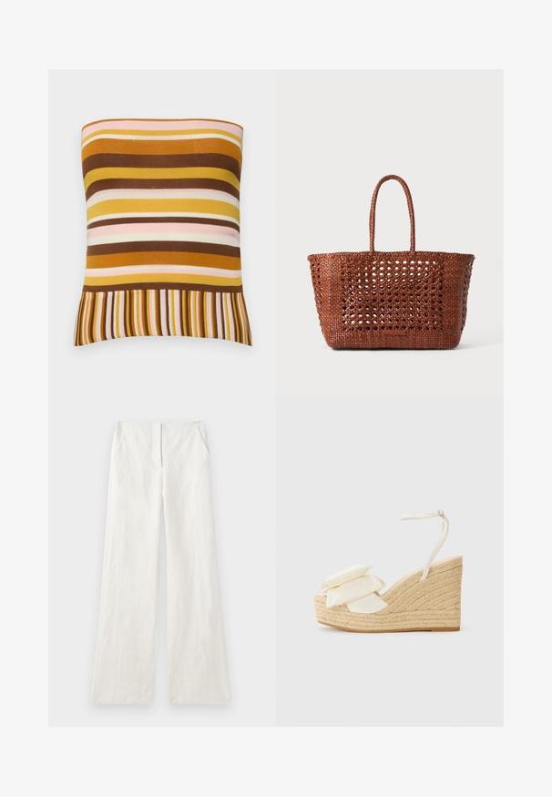 Top canelado sem alças com riscas horizontais em tons de castanho, amarelo e rosa, com uma bainha assimétrica de riscas finas alternadas.; Calças de linho de perna larga em branco sujo, com uma textura suave, pregas frontais e bolsos laterais. Design simples e despretensioso.; Sandália de cunha com uma plataforma de juta natural, parte superior em tecido creme e dois detalhes florais em camadas; possui uma alça fina no tornozelo com fivela.; Saco tote castanho tecido com um padrão aberto, forma retangular e duas alças trançadas. Apresenta uma base sólida para suporte.