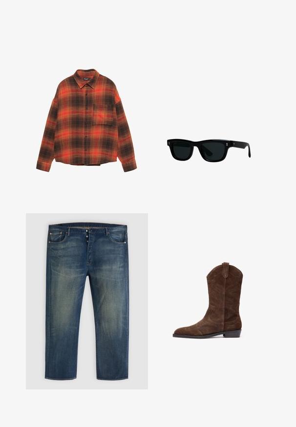 Knopen-boven overhemd met lange mouwen, voorzien van een oranje, rode en bruine ruitjespatroon en een borstzak, weergegeven tegen een witte achtergrond.; Blauwe denim jeans met knopenfly, klassiek vijf-pocket ontwerp en vervaagde details op de dijen en knieën.; Bruine suède cowboylaars met een puntige neus, geperste stiksels en een lage gestapelde hak. Voorzien van zijlussen voor eenvoudig aantrekken.; Zwarte zonnebril met vierkante monturen, donkere lenzen en glad plastic materiaal. Heeft kleine, ronde accenten aan de voorkant en slanke armen.; Bruine leren sporttas met twee korte handvatten en een verstelbare schouderriem, weergegeven tegen een witte achtergrond.