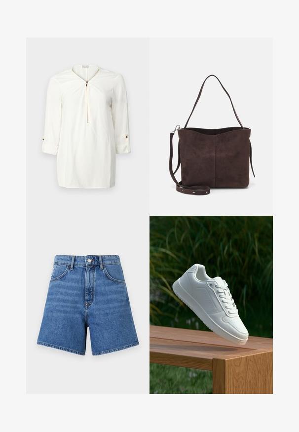 Bijela košulja dugih rukava s patentnim zatvaračem na izrezu, meka tkanina i detalji na rukavima s zavijenim završetkom i zlatnim gumbom.; Traperice kratke hlače u srednje plavoj boji, s visokim strukom, pet džepova i kontrastnim šavovima. Tkanina ima glatku teksturu i ravne nogavice.; Bijela tenisica sa glatkim sintetičkim gornjim dijelom, perforiranim prednjim dijelom, ravnim vezicama i teksturiranom potplatom, prikazana na drvenoj površini.; Smeđa suđena torba s mekanom teksturom, s jednim remenom za rame i suptilno zakrivljenim gornjim otvorom. Nema vidljivih dijelova od hardvera.