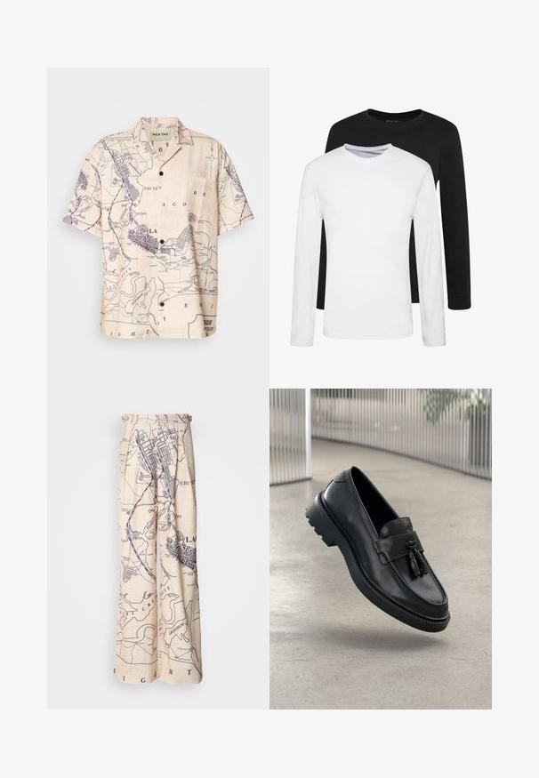 Korte mouwenshirt van lichtbeige stof met een kaartprint in marineblauw, voorzien van een klassieke kraag en een borstzak.; Twee longsleeves, één zwart en één wit, gemaakt van katoen met ronde hals en een gladde textuur, gepresenteerd in een gestapelde opstelling.; Wijdbeenbroeken met een kaartprint in marineblauw op een beige achtergrond, met geplooide details bij de taille en een relaxte fit.; Zwarte leren loafers met een gladde afwerking, decoratieve kwast, dikke rubberen zool en gestikte accenten. Lichtgewicht en strak ontwerp.