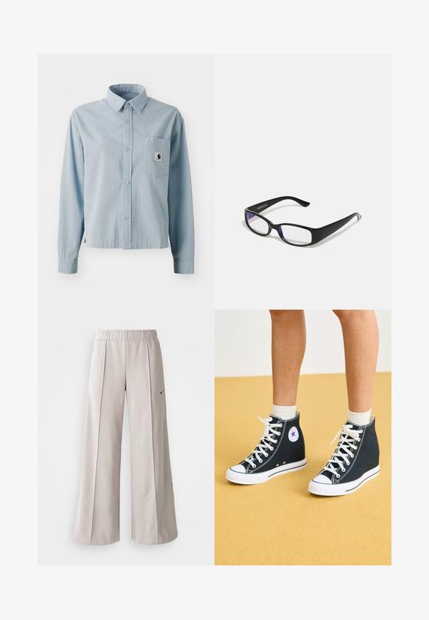 Hele sinine, pika varrukaga nööpidega särk, millel on tekstuuriga muster, rinna kohal tasku ja brändimärk taskul. Valmistatud kudumiskangast.; Heledad hallide püksid, mis on valmistatud siledast kangast. Omab elastset vöökohta ja musta Nike logo vasakul küljel.; Tumedest sinisest kangast kõrged sneakerid valgete kummitaldade, paelte ja aktsentidega. Omab ümmargust logo ja valgeid õmblusdetailide.; Mustad mustad prillid selgete läätsedega. Läikiv viimistlus, kitsad vars, ja läätsede servadel on nähtav lilla varjund.