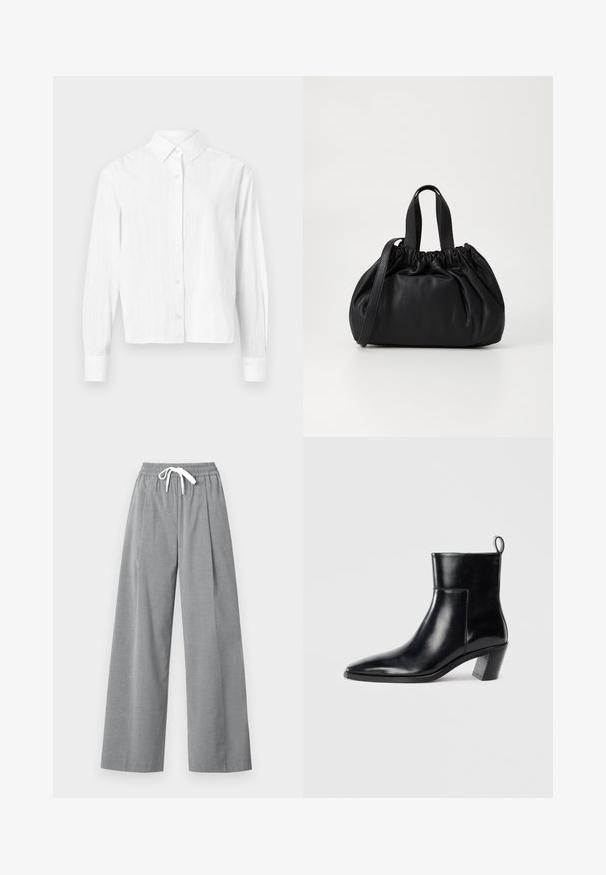 White button-up shirt made of lightweight fabric. Features long sleeves, a classic collar, and subtle vertical stripes. Cropped design.; Gray wide-leg trousers made of lightweight fabric with a pleated front and an elastic waistband featuring a white drawstring.; Black leather ankle boot with a pointed toe, a geometric stacked heel, and a pull tab at the back. Smooth texture and sleek design.; Black leather handbag with a gathered top design, featuring two short handles and a long adjustable strap. Smooth texture, rounded shape.