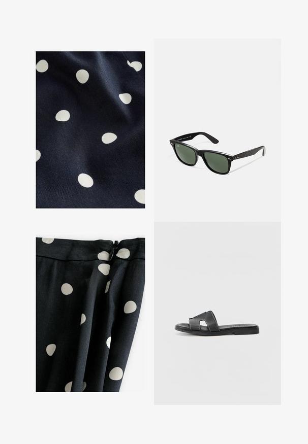 Marineblauer Stoff mit einer glatten Textur, der verstreute weiße Pünktchen in unterschiedlichen Größen zeigt. Das Design ist verspielt und rhythmisch.; Schwarzer Stoff mit großen cremefarbenen Polka-Dots; glatte Textur, drapierter Schnitt und Reißverschluss oben.; Schwarze Leder-Schlippersandale mit flacher Sohle, ausgestattet mit zwei überkreuzten Riemen und kontrastierenden weißen Nähten. Einfaches Design mit offenem Zehenbereich.; Schwarze Plastiksonnenbrille mit grünen Gläsern, quadratischen Rahmen, silbernem Akzent auf der Augenbraue und strukturierten Bügeln. Angegebene Marke auf dem inneren Bügel.; Schwarze Ledertasche mit einem gewölbten Schultergurt, glatter Textur, rechteckiger Form, Reißverschluss und Akzenten aus silbernem Metall.