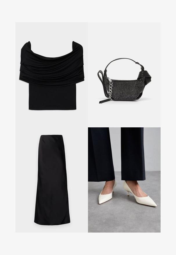 Black off-the-shoulder top with draped fabric, soft texture, and a fitted design. Features a smooth, minimal hem at the waist.; Norma Kamali BIAS OBIE SKIRT - Maxi skirt - black; Stuart Weitzman POWER - Classic heels - cream; Black handbag featuring studded embellishments, a chain strap, and a smooth leather handle, with a rounded shape and zipped compartment.