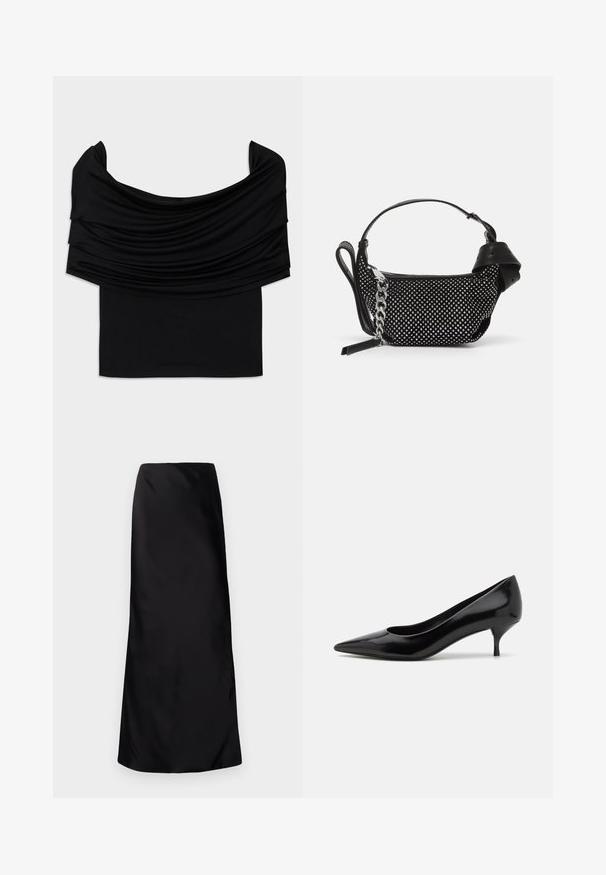Top noir décolleté avec un tissu drapé, texture douce et design ajusté. Présente un ourlet lisse et minimal à la taille.; Norma Kamali BIAS OBIE SKIRT - Jupe longue - black; Chaussure à talon haut en cuir verni noir avec un bout pointu et un talon stiletto bas. Texture lisse et design minimaliste, sans motifs ni accents visibles.; Sac à main noir avec des embellissements cloutés, une bandoulière en chaîne et une poignée en cuir lisse, de forme arrondie et avec un compartiment zippé.