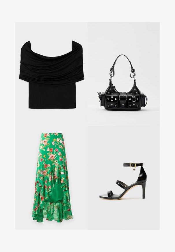 Svart av-axel topp med draperat tyg, mjuk textur och en figurnära design. Har en slät, minimal fåll vid midjan.; Blommig maxikjol i lättviktigt material med grön bakgrund och blommor i olika färger, samt lager av volangdetaljer vid fållen.; Svart lackskinnsandaler med tre remmar, ankelspänne och 10 cm stilettklack. Har detaljer i guldmetall och logokaraktär.; Svart läderhandväska med en kurvad design, prydd med silverfärgade nitar, ett spänne och två sidofickor. Justerbar rem för olika bäralternativ.