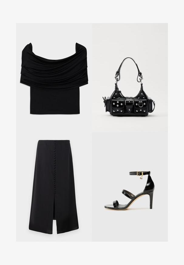 Czarna bluzka bez ramiączek z drapowanym materiałem, miękką teksturą i dopasowanym krojem. Posiada gładki, minimalistyczny dół w talii.; Czarna midi spódnica z gładkiego materiału, z rozcięciem z przodu i rzędem małych guzików na plecach dla dodatkowego zdobienia.; Czarne lakierowane sandały na paski z trzema paskami, zapięciem na kostce i 10-centymetrowym obcasem w szpilce. Zawierają złote detale oraz zawieszkę z logo.; Czarna skórzana torebka w zakrzywionym kształcie, z srebrnymi ćwiekami, klamrą i dwoma bocznymi kieszeniami. Regulowany pasek umożliwiający różne opcje noszenia.