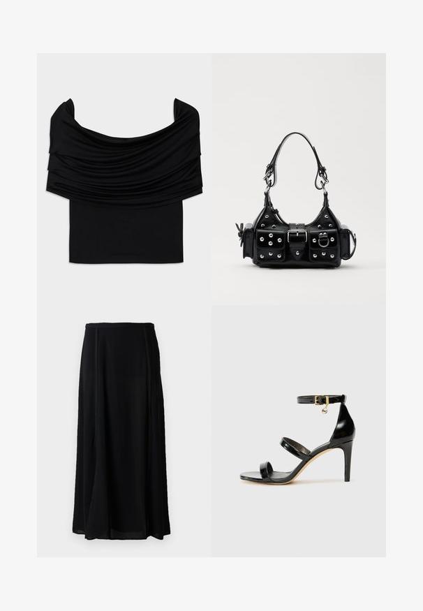 Black off-the-shoulder top with draped fabric, soft texture, and a fitted design. Features a smooth, minimal hem at the waist.; Black maxi skirt made of lightweight material, featuring a flowy design, solid black color, and subtle side seam details.; Black patent leather sandal with three straps, ankle buckle, and 4-inch stiletto heel. Features gold hardware detail and logo charm.; Black leather handbag with a curved design, featuring silver studs, a buckle, and two side pockets. Adjustable strap for carrying options.