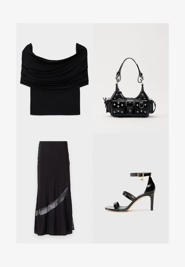 Top noir décolleté avec un tissu drapé, texture douce et design ajusté. Présente un ourlet lisse et minimal à la taille.; Jupe noire en tissu lisse, avec une insertion en dentelle en diagonale sur l'ourlet. Design évasé avec un léger éclat.; Sandale en cuir verni noir avec trois brides, boucle de cheville et talon aiguille de 10 cm. Présente un détail en métal doré et un charm logo.; Sac à main en cuir noir au design courbé, avec des clous en argent, une boucle et deux poches latérales. Bandoulière réglable pour différentes options de transport.